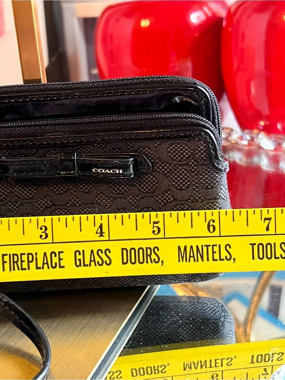 Coach Black Signature with Patent Trim double zipper wristlet